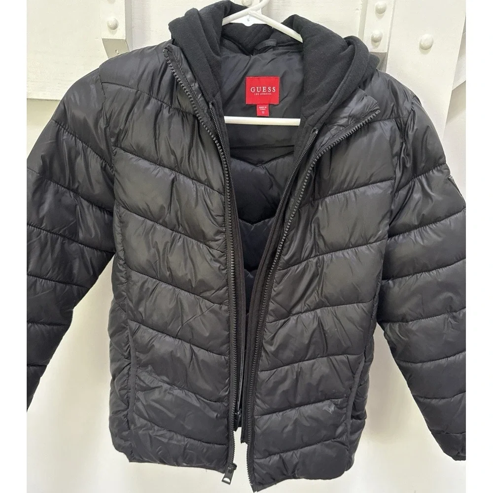 GUESS Los Angeles Boys Hooded Black Puffer Jacket Nylon Zip Size 12